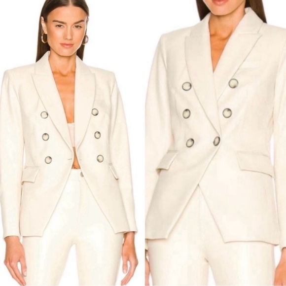 Veronica Beard Faux Leather Miller Double Breasted Dickey Jacket Blazer Cream 10